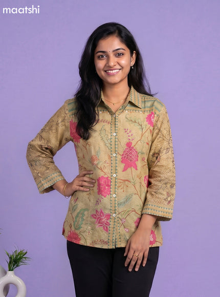 Pale Yellow and Multi Colour Linen Cotton Floral Printed Women Shirt