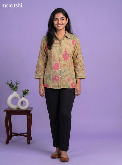 Pale Yellow and Multi Colour Linen Cotton Floral Printed Women Shirt