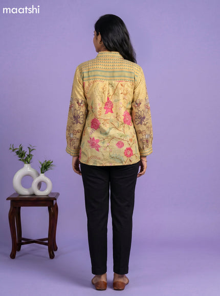 Pale Yellow and Multi Colour Linen Cotton Floral Printed Women Shirt