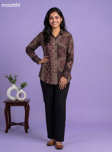 Black and Multi Colour Crepe Silk Ajrakh Printed Women Shirt