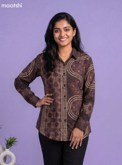 Black and Multi Colour Crepe Silk Ajrakh Printed Women Shirt