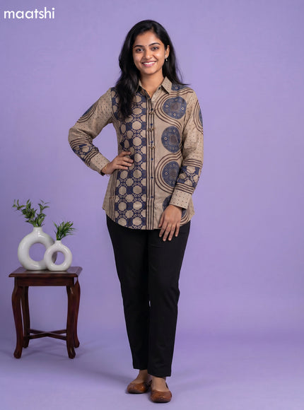 Beige and Multi Colour Crepe Silk Ajrakh Printed Women Shirt