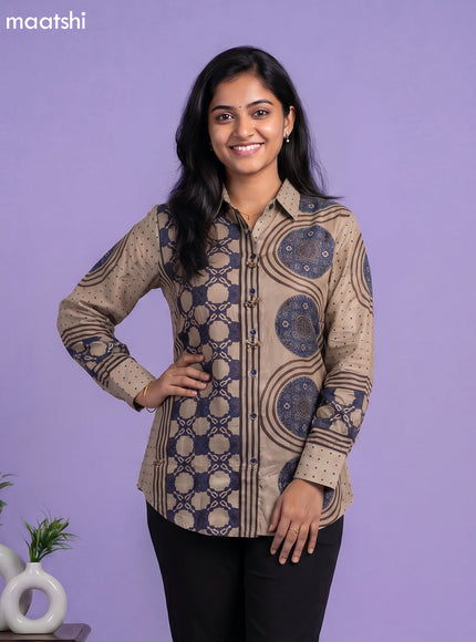 Beige and Multi Colour Crepe Silk Ajrakh Printed Women Shirt