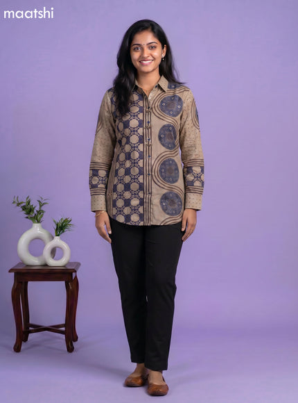 Beige and Multi Colour Crepe Silk Ajrakh Printed Women Shirt