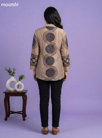 Beige and Multi Colour Crepe Silk Ajrakh Printed Women Shirt