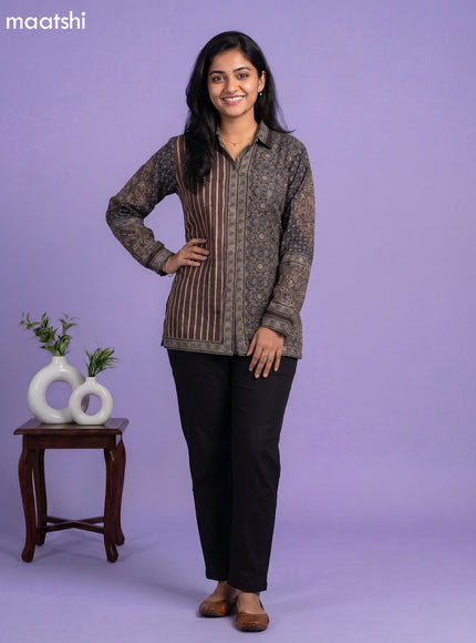 Brown and Multi Colour Crepe Silk Ajrakh Printed Women Shirt