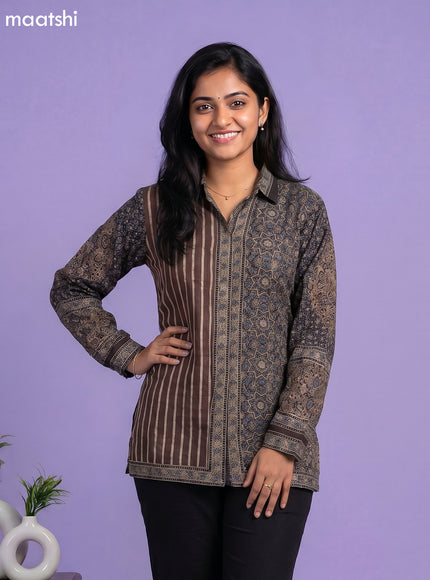 Brown and Multi Colour Crepe Silk Ajrakh Printed Women Shirt