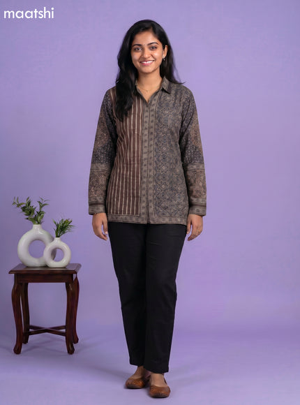 Brown and Multi Colour Crepe Silk Ajrakh Printed Women Shirt