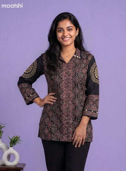 Black and Multi Colour Crepe Silk Ajrakh Printed Women Shirt