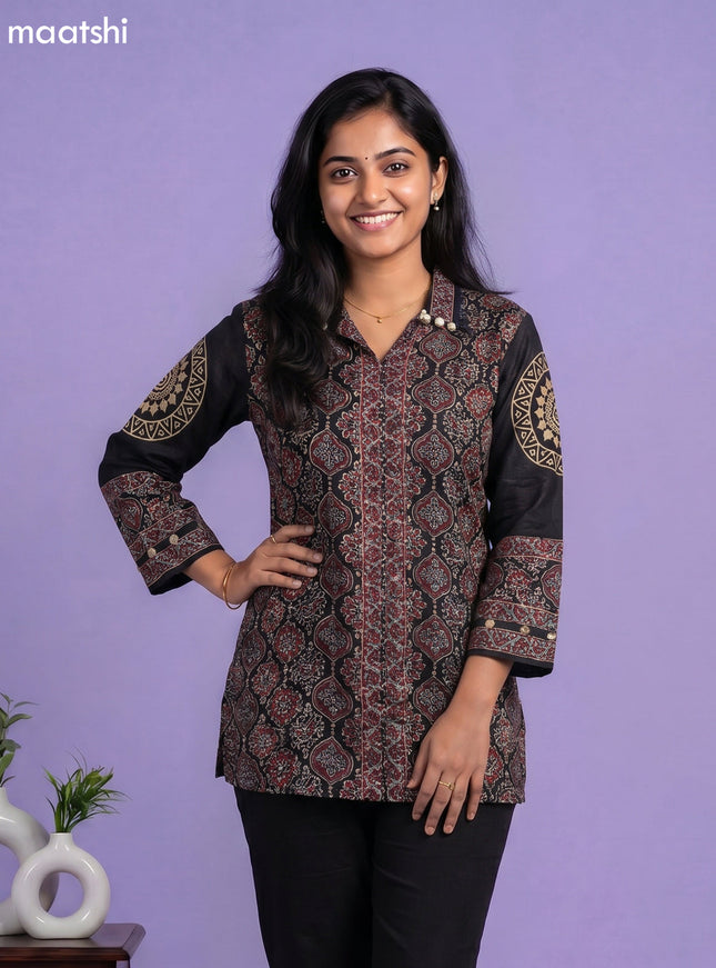 Black and Multi Colour Crepe Silk Ajrakh Printed Women Shirt