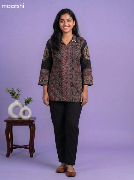Black and Multi Colour Crepe Silk Ajrakh Printed Women Shirt