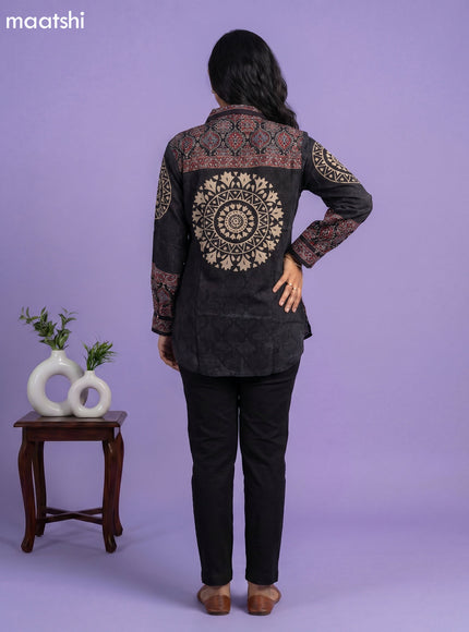 Black and Multi Colour Crepe Silk Ajrakh Printed Women Shirt