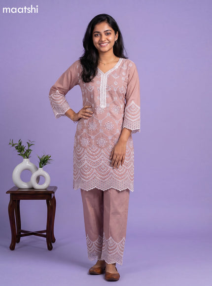 Dark Peach Cotton Hakoba & Lace Work Long Co-Ord Set
