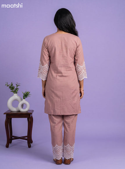 Dark Peach Cotton Hakoba & Lace Work Long Co-Ord Set