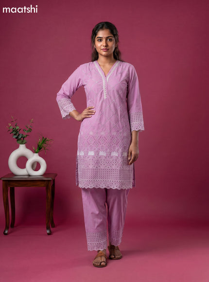 Mauve Pink Cotton Hakoba & Lace Work Long Co-Ord Set