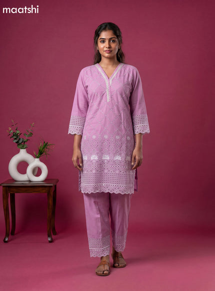 Mauve Pink Cotton Hakoba & Lace Work Long Co-Ord Set
