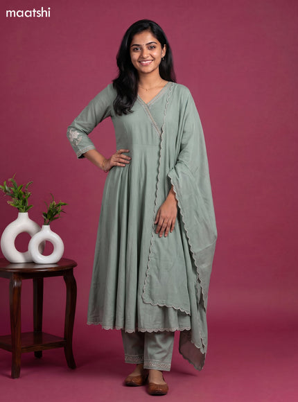 Pastel Green Cotton Embroidery Work Anarkali Suit
