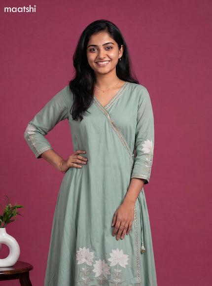 Pastel Green Cotton Embroidery Work Anarkali Suit