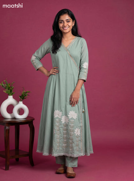 Pastel Green Cotton Embroidery Work Anarkali Suit