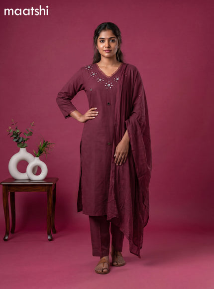 Purple Cotton Mirror Work Neck Pattern Straight Suit