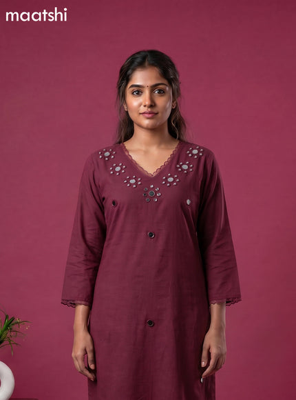 Purple Cotton Mirror Work Neck Pattern Straight Suit