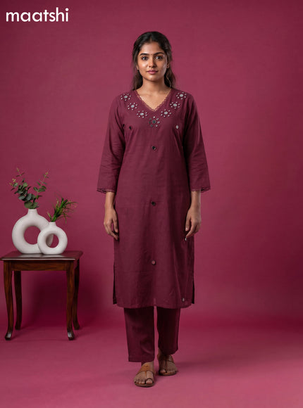 Purple Cotton Mirror Work Neck Pattern Straight Suit