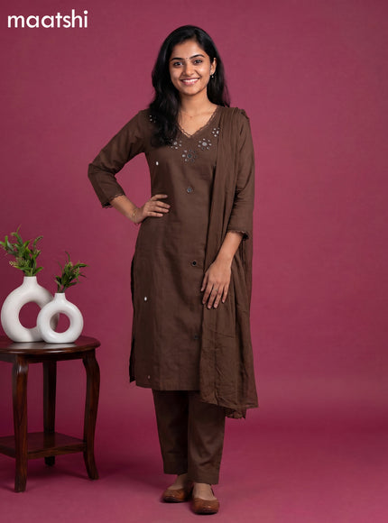 Deep Coffee Brown Cotton Mirror Work Neck Pattern Straight Suit