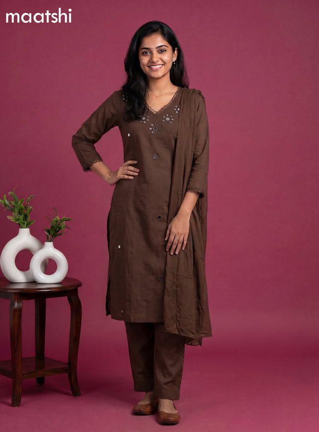 Deep Coffee Brown Cotton Mirror Work Neck Pattern Straight Suit