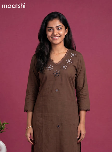 Deep Coffee Brown Cotton Mirror Work Neck Pattern Straight Suit