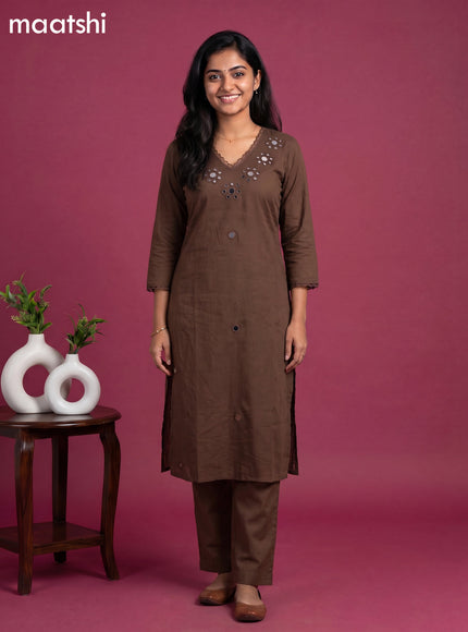 Deep Coffee Brown Cotton Mirror Work Neck Pattern Straight Suit