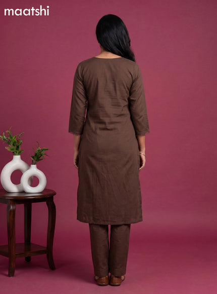 Deep Coffee Brown Cotton Mirror Work Neck Pattern Straight Suit