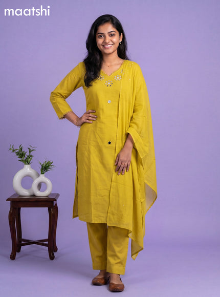 Mustard Yellow Cotton Mirror Work Neck Pattern Straight Suit