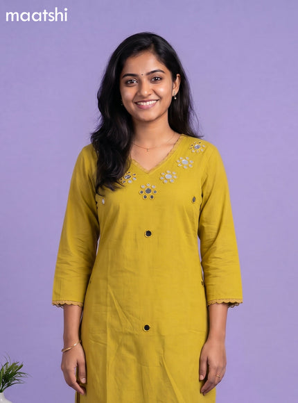 Mustard Yellow Cotton Mirror Work Neck Pattern Straight Suit