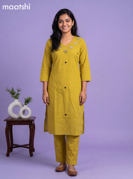 Mustard Yellow Cotton Mirror Work Neck Pattern Straight Suit