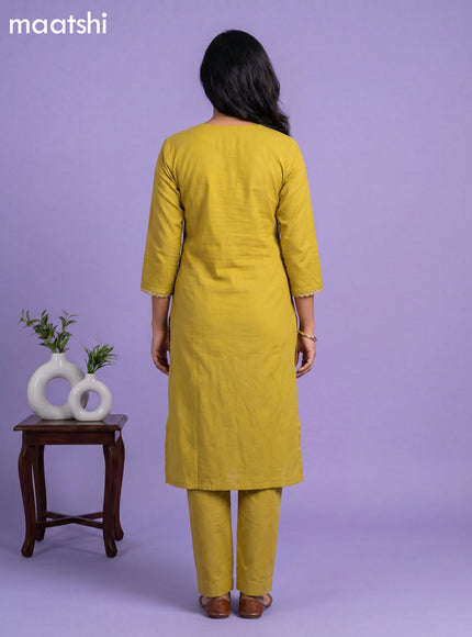 Mustard Yellow Cotton Mirror Work Neck Pattern Straight Suit