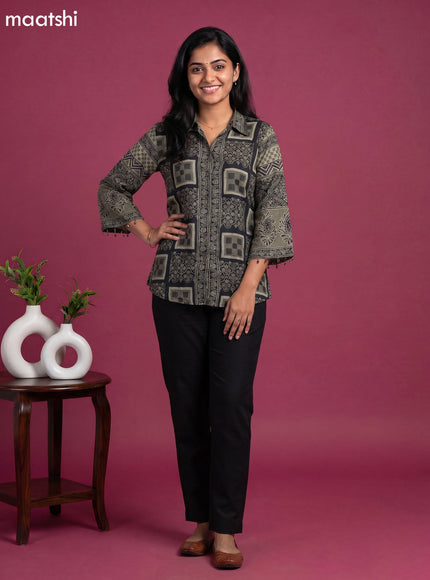 Black and Grey Crepe Silk Ajrakh Printed Women Shirt