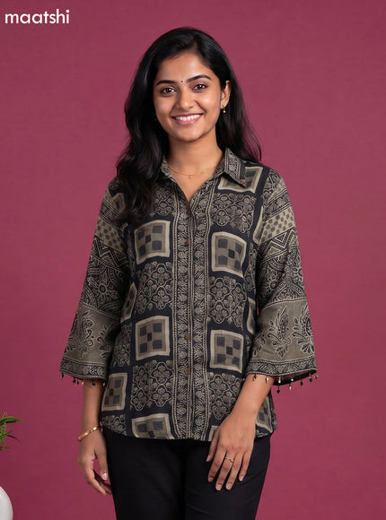 Black and Grey Crepe Silk Ajrakh Printed Women Shirt