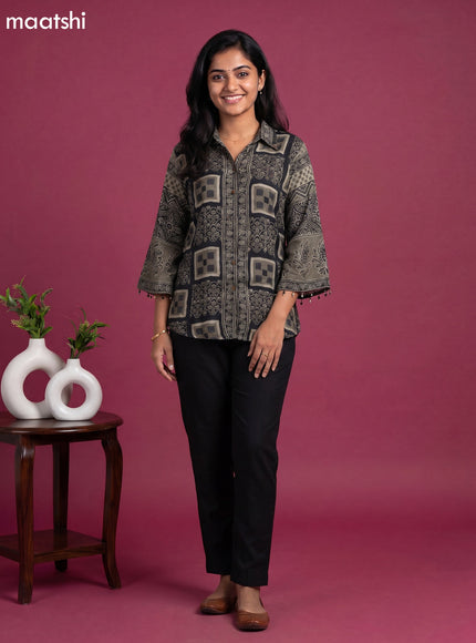 Black and Grey Crepe Silk Ajrakh Printed Women Shirt