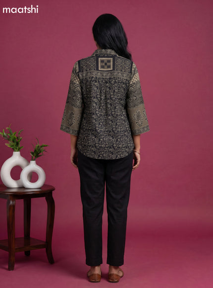 Black and Grey Crepe Silk Ajrakh Printed Women Shirt