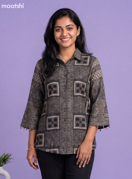 Dark Grey and Maroon Crepe Silk Ajrakh Printed Women Shirt
