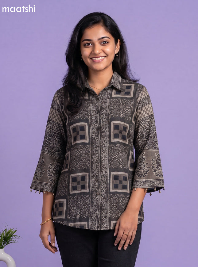 Dark Grey and Maroon Crepe Silk Ajrakh Printed Women Shirt