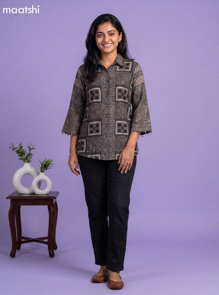 Dark Grey and Maroon Crepe Silk Ajrakh Printed Women Shirt