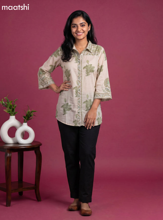 Cream and Green Mul Chanderi Floral Printed & With Slip Women Shirt