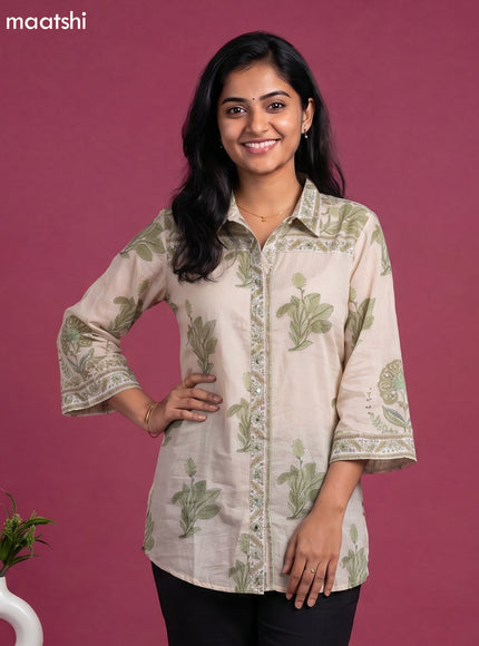 Cream and Green Mul Chanderi Floral Printed & With Slip Women Shirt