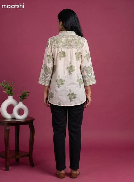 Cream and Green Mul Chanderi Floral Printed & With Slip Women Shirt