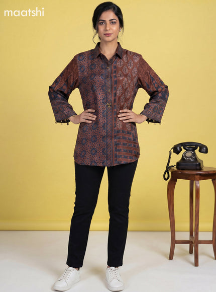 brown Crepe Silk Floral Printed & With Slip Women Shirt