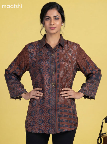 brown Crepe Silk Floral Printed & With Slip Women Shirt