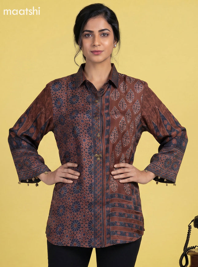 brown Crepe Silk Floral Printed & With Slip Women Shirt