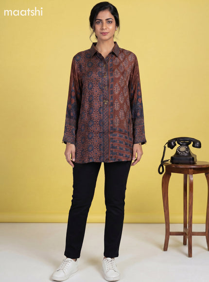 brown Crepe Silk Floral Printed & With Slip Women Shirt