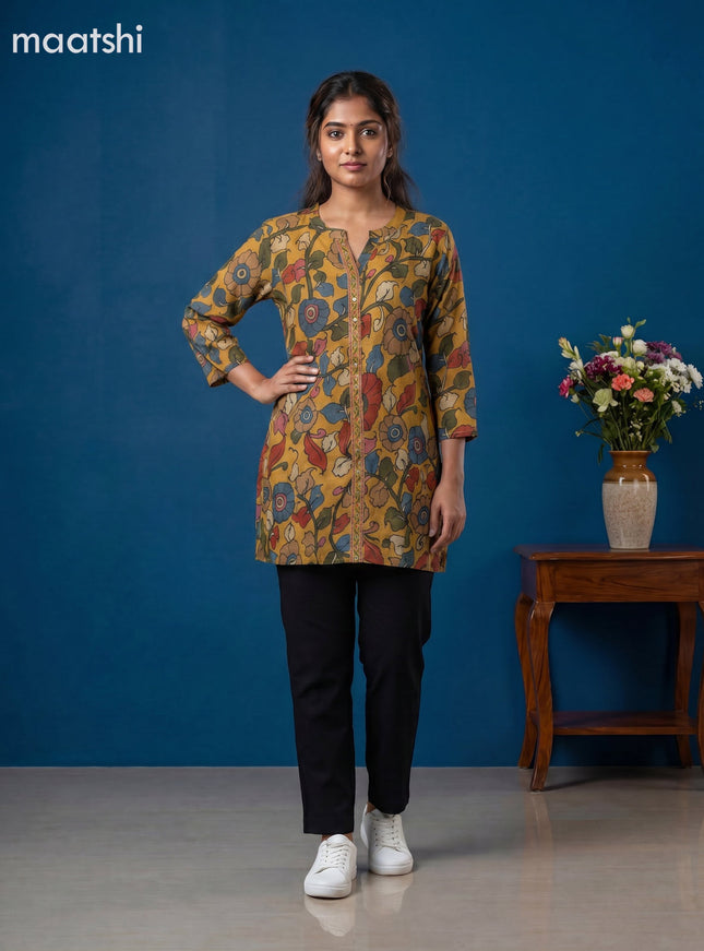 Mustard Yellow Muslin Kalamkari Printed Women Shirt